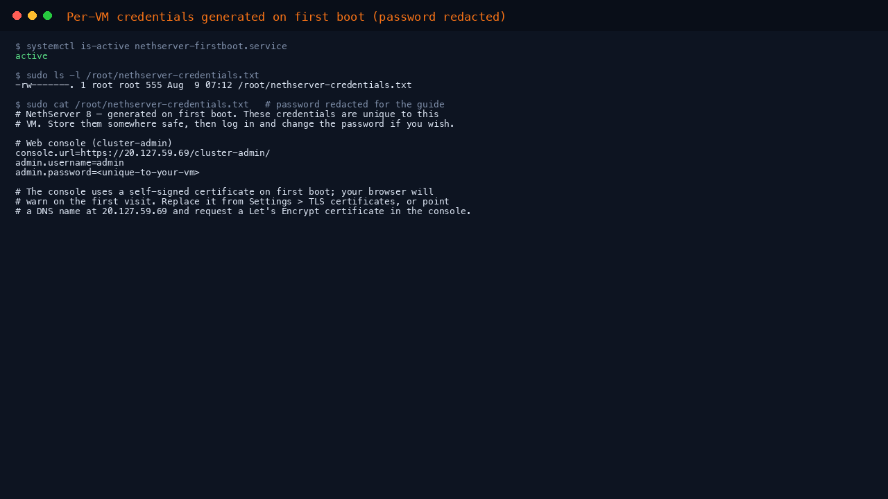 Per-VM credentials written by the first-boot service (password redacted)