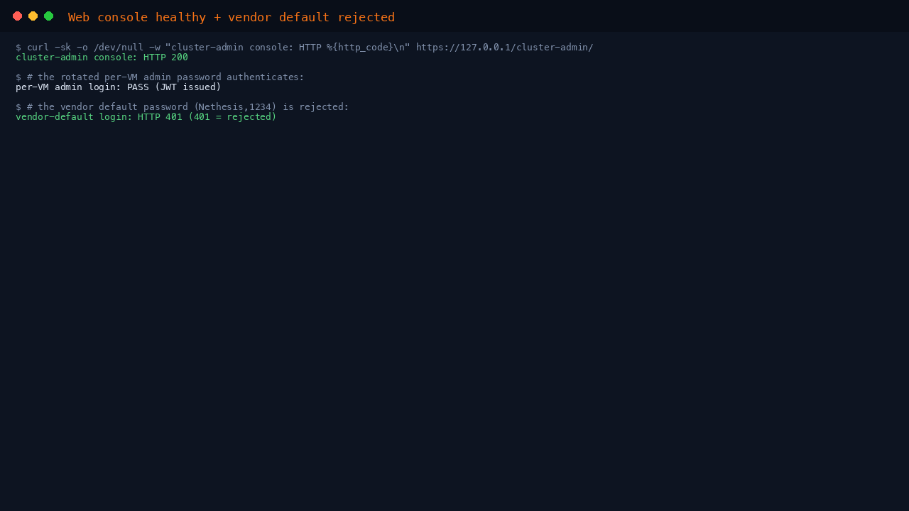 Web console healthy and the per-VM admin password in effect
