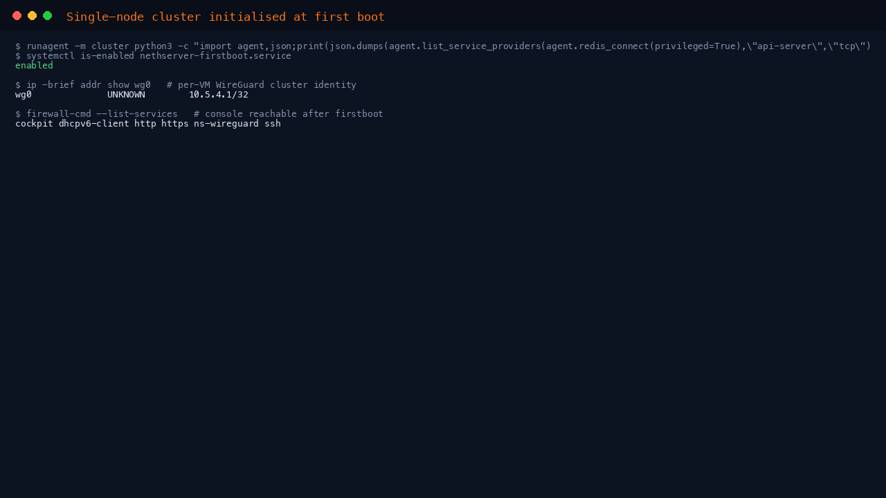 Single-node cluster initialised at first boot