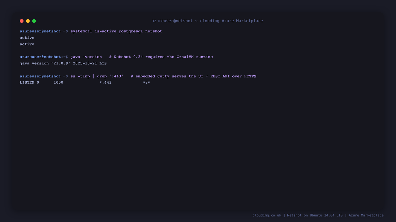 Netshot services active, the GraalVM runtime and the embedded HTTPS listener on port 443