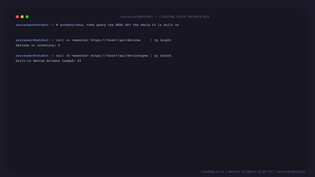 Authenticating to the Netshot REST API and reading the device inventory and bundled drivers