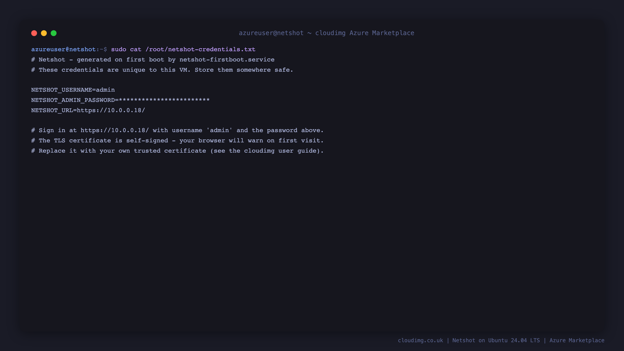 The per-VM administrator login generated at first boot, written to a root-only file