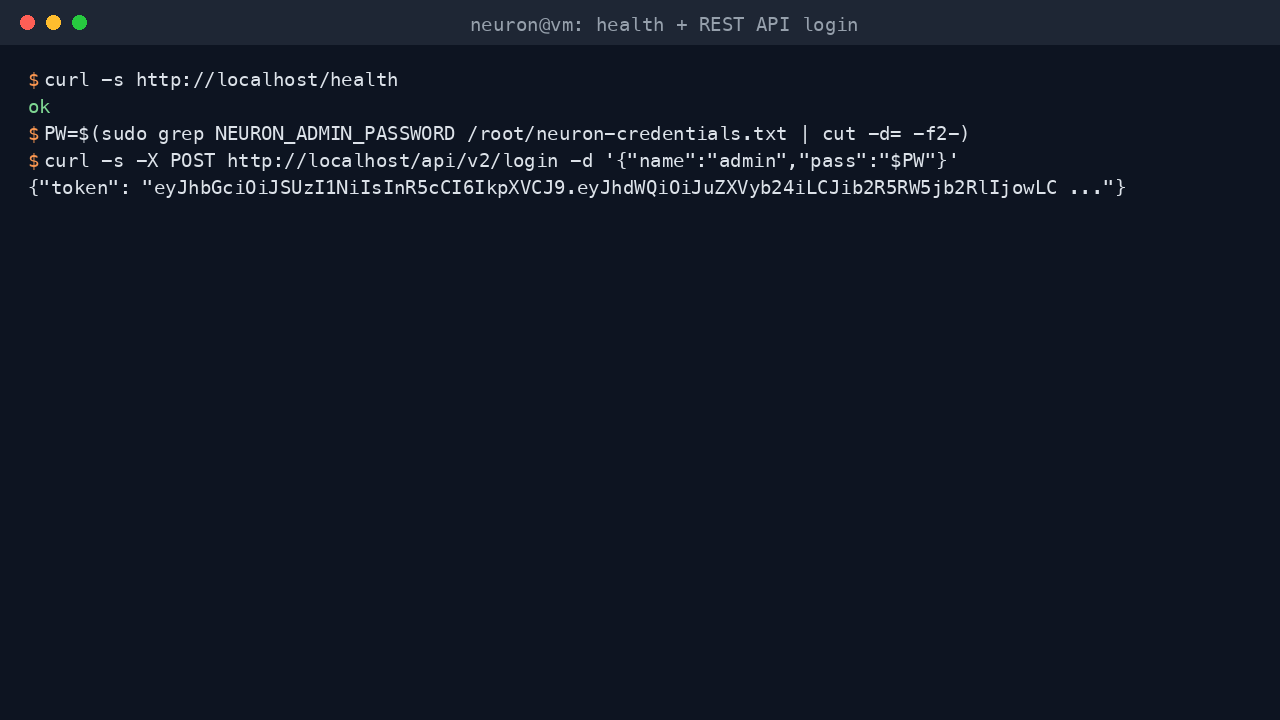 Neuron health endpoint and REST API login returning a token