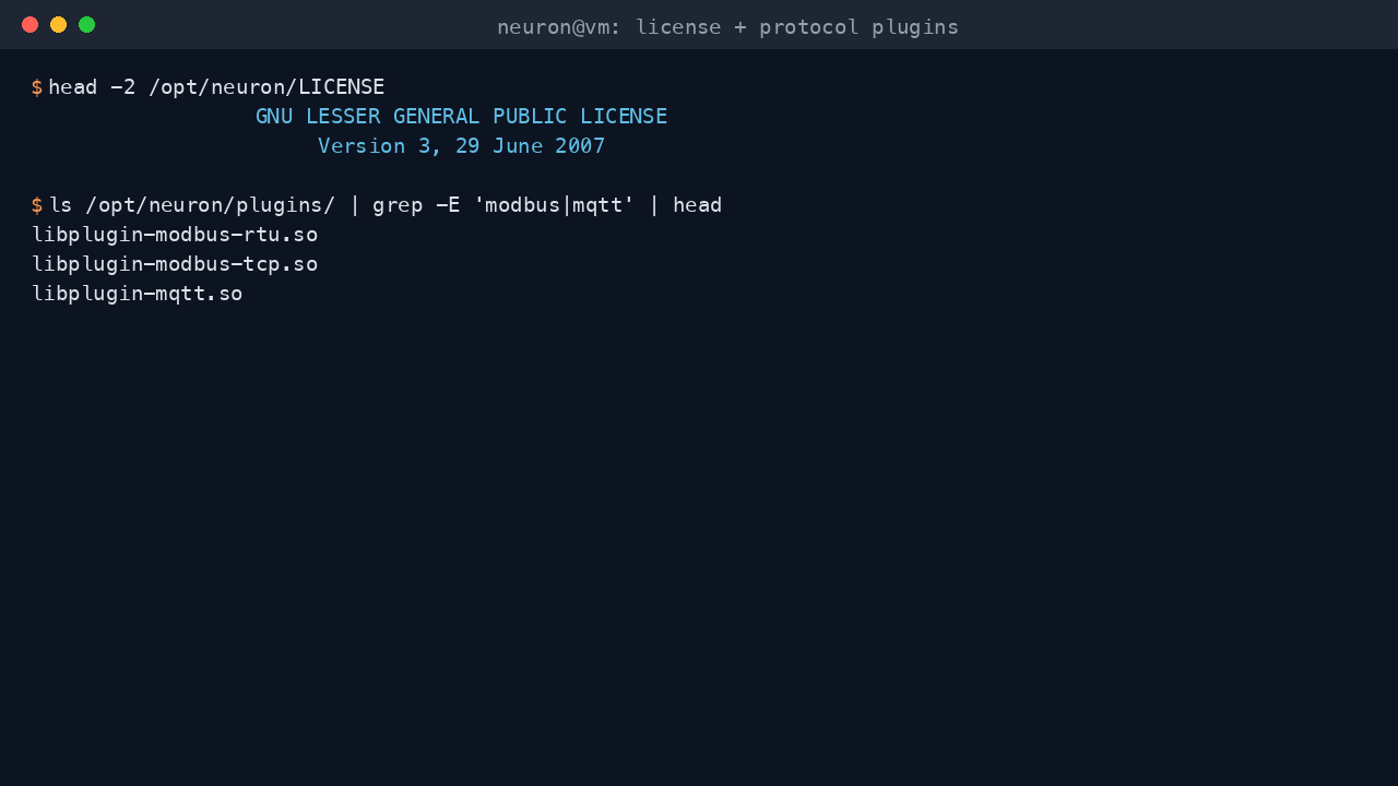 Neuron LGPL-3.0 license and the bundled Modbus and MQTT protocol plugins