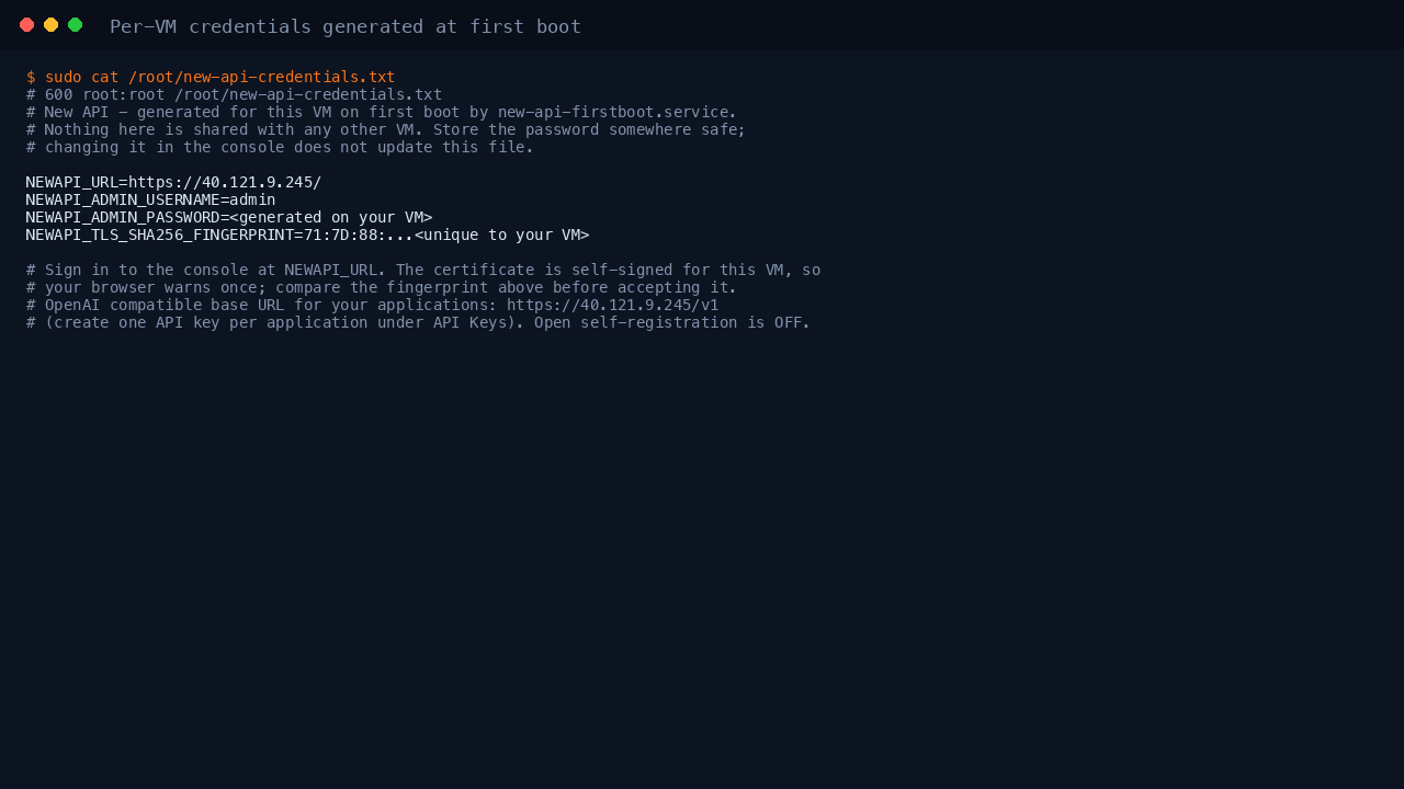 The per VM credentials file, readable only by root, holding the console URL, the admin username, the generated admin password and the certificate fingerprint