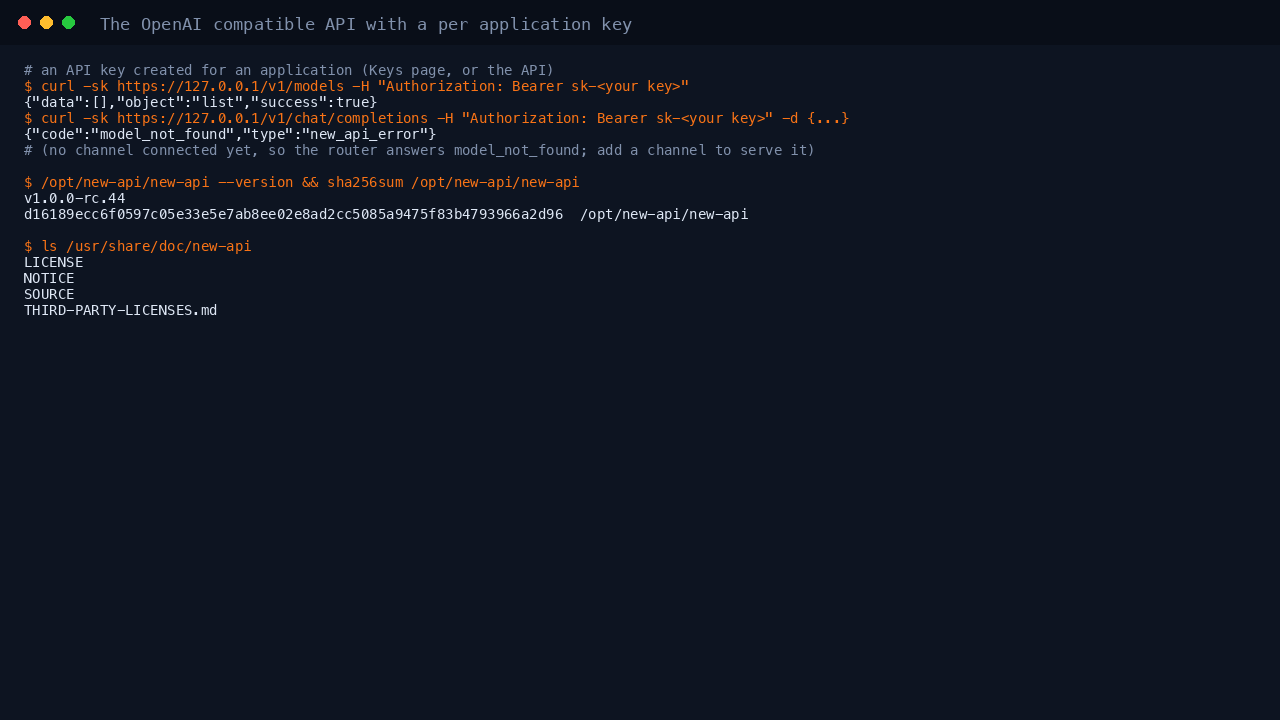 An application key listing models and reaching the router over the OpenAI compatible API, followed by the version and checksum of the shipped binary and its licence files