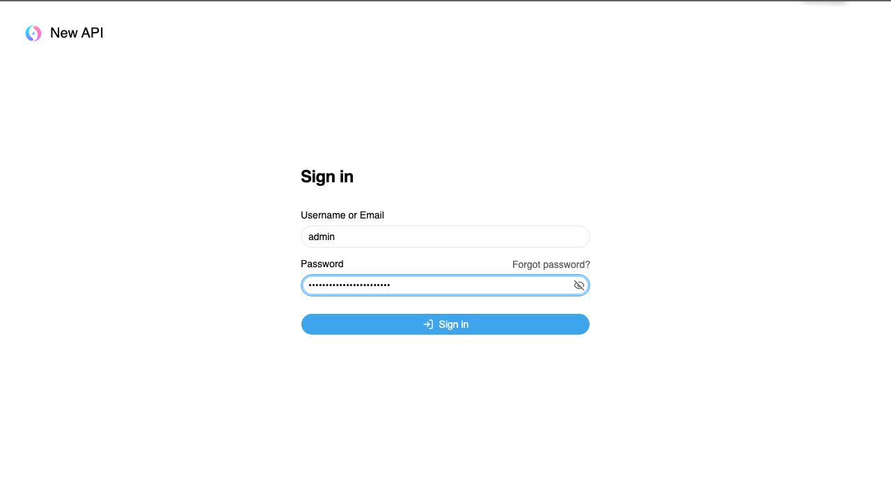 The New API sign in page served over HTTPS by the appliance, with the admin username entered and the password masked; there is no sign up link because open registration is off
