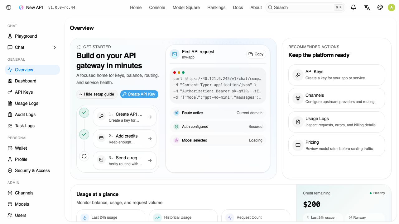 The New API console overview after signing in as admin, with the getting started guide, recommended actions and the full navigation including Channels, Models and Users