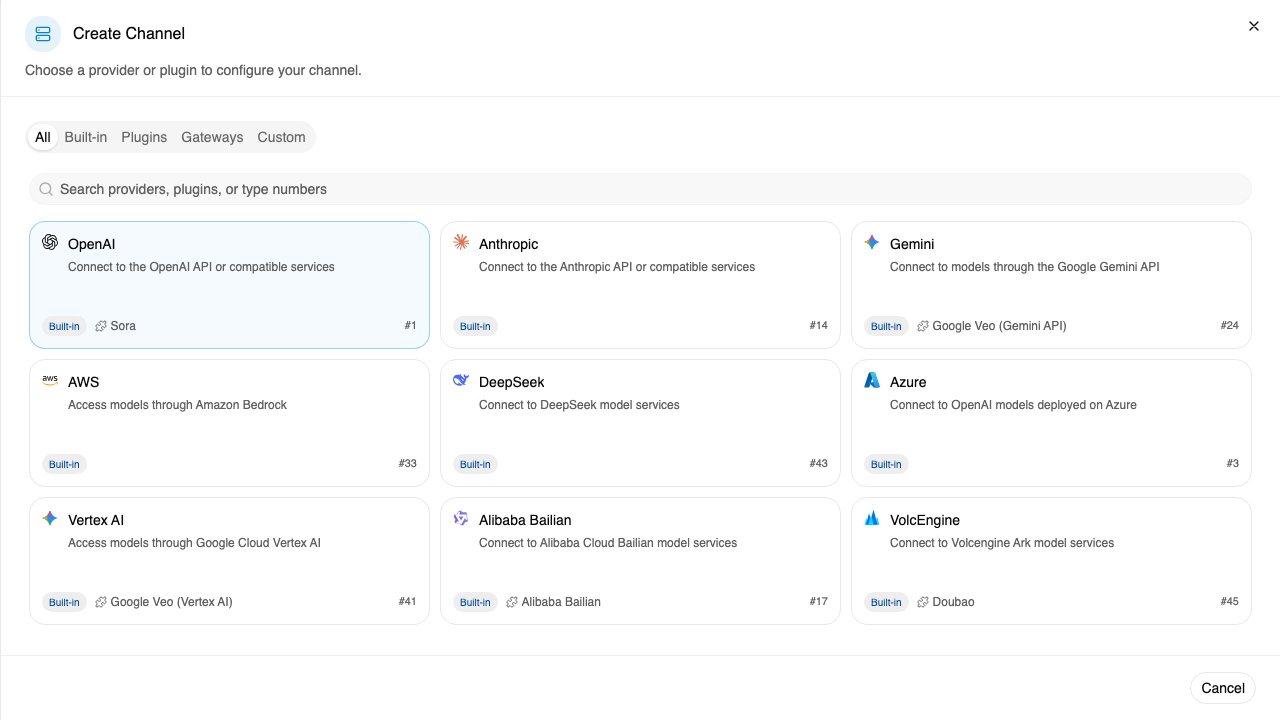The Create Channel dialog, listing built in provider types including OpenAI, Anthropic, Gemini, AWS Bedrock, DeepSeek, Azure OpenAI and Vertex AI