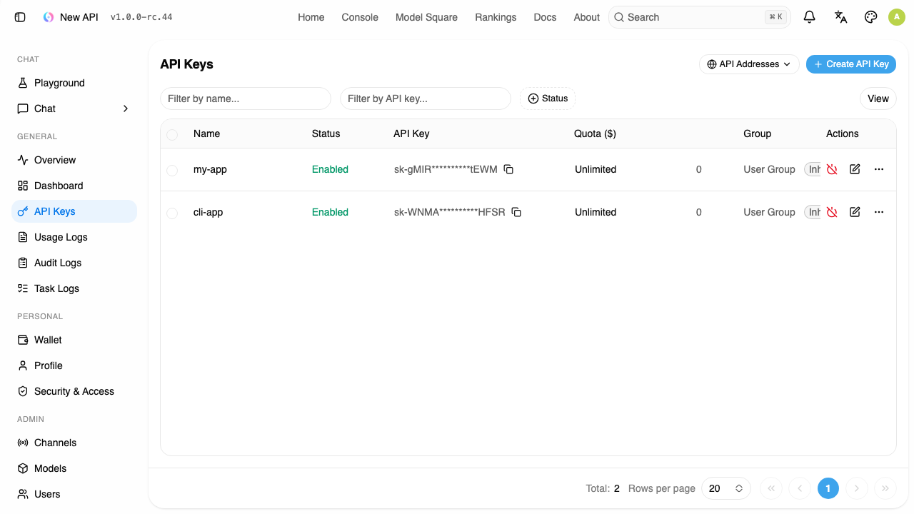 The API Keys page with one key for an application, enabled, with an unlimited quota and the key masked
