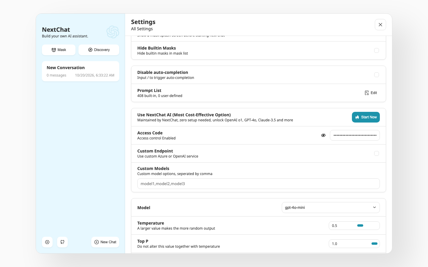 NextChat Settings with the per-instance access code entered and Access control Enabled