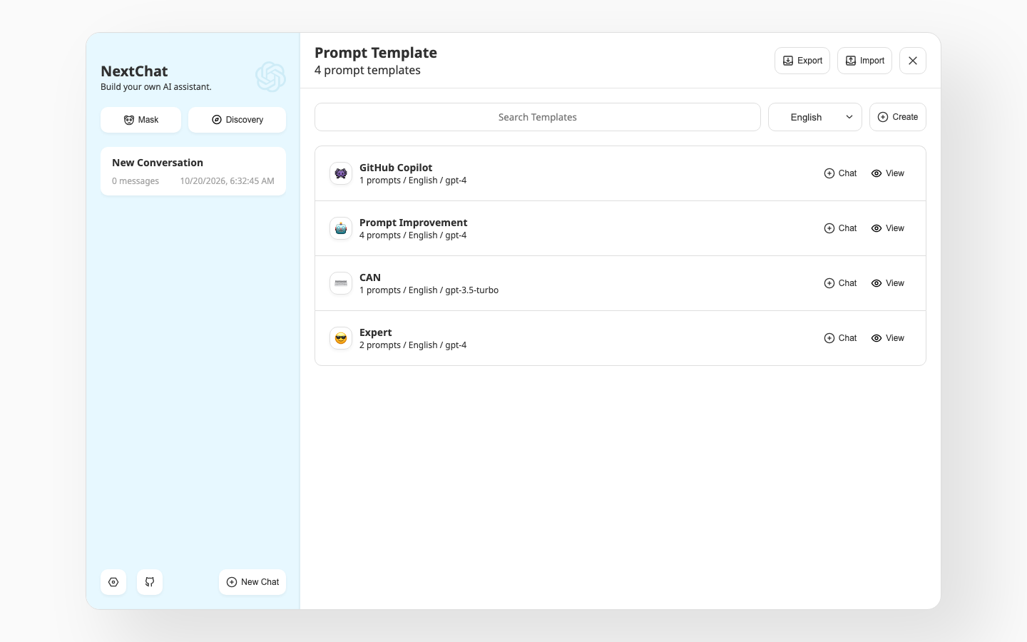 The NextChat prompt template library filtered to English