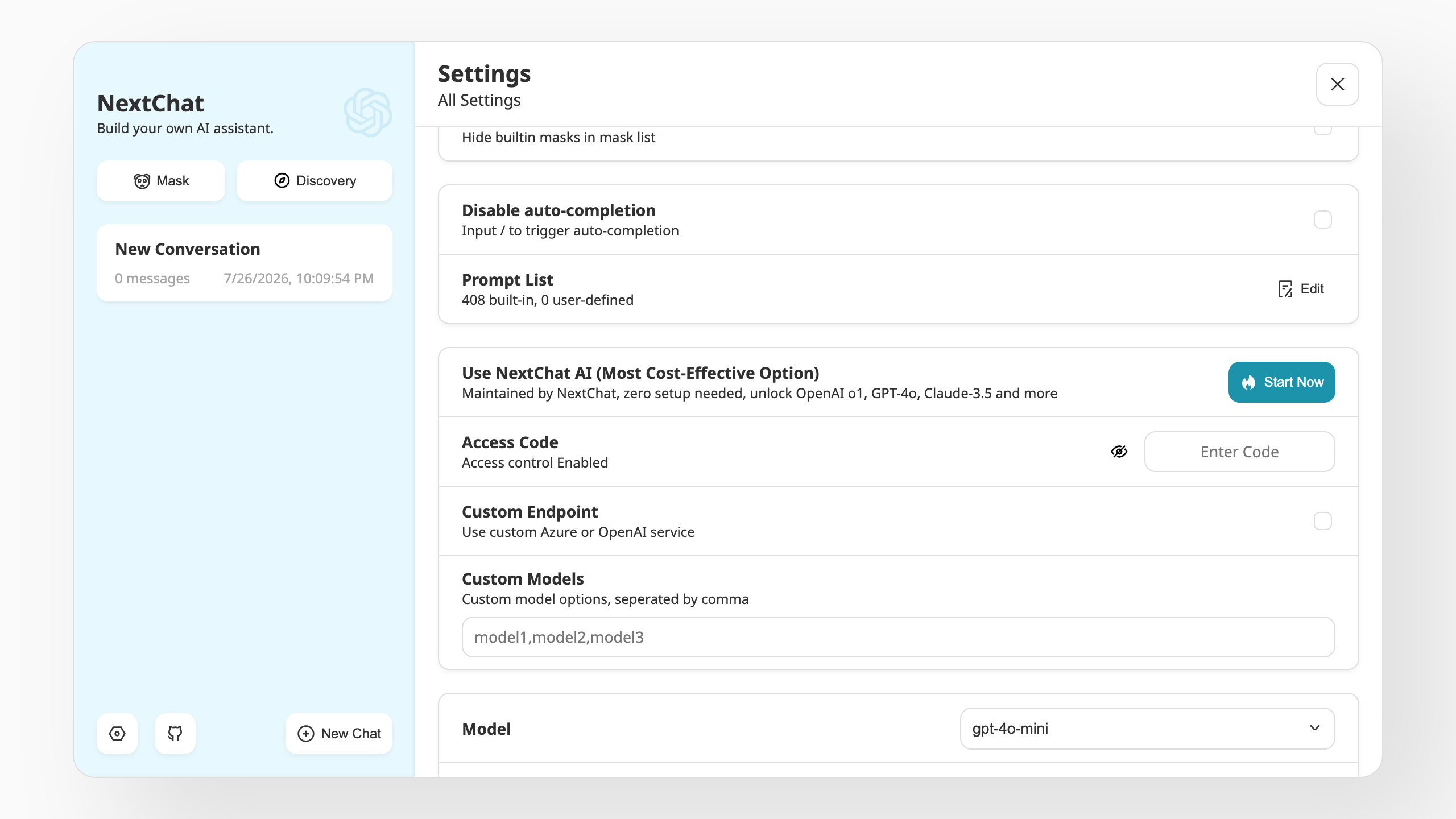 NextChat settings: access control is enabled, and no provider key ships in the image