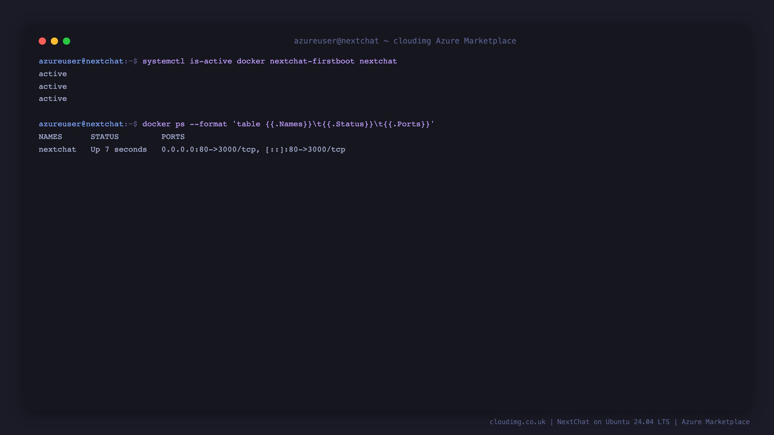 The docker, nextchat-firstboot and nextchat services all active, and the nextchat container running with only port 80 published and mapped to container port 3000