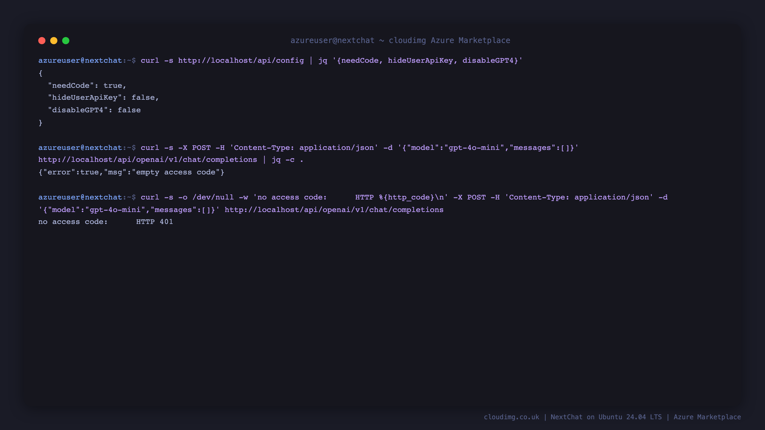 curl showing api config reporting needCode true, a request with no access code refused with HTTP 401 and empty access code, and a request with a wrong access code refused with HTTP 401