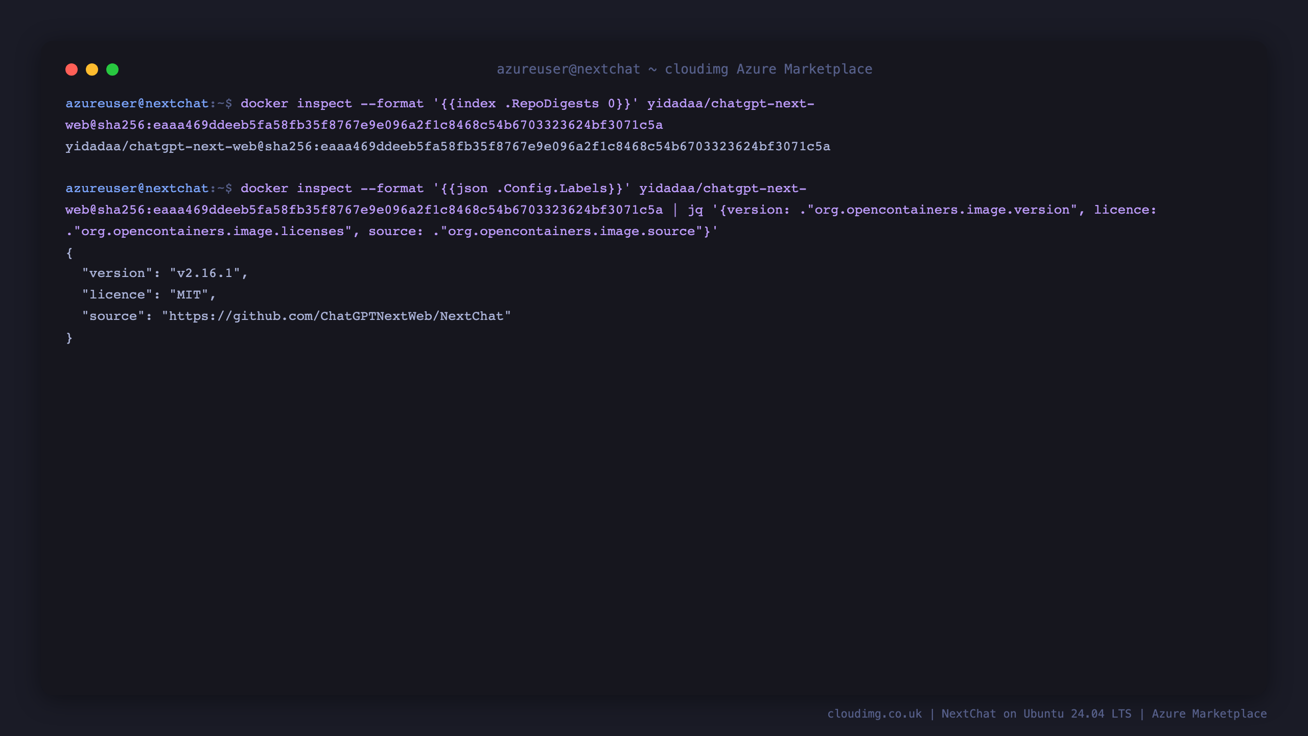 docker inspect output showing the pinned NextChat image digest and its OCI labels reporting version v2.16.1, licence MIT and the upstream source repository and commit revision