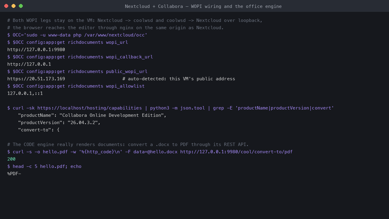 The WOPI wiring read back from occ, the Collabora capabilities document served through nginx, and a .docx converted to PDF by the office engine