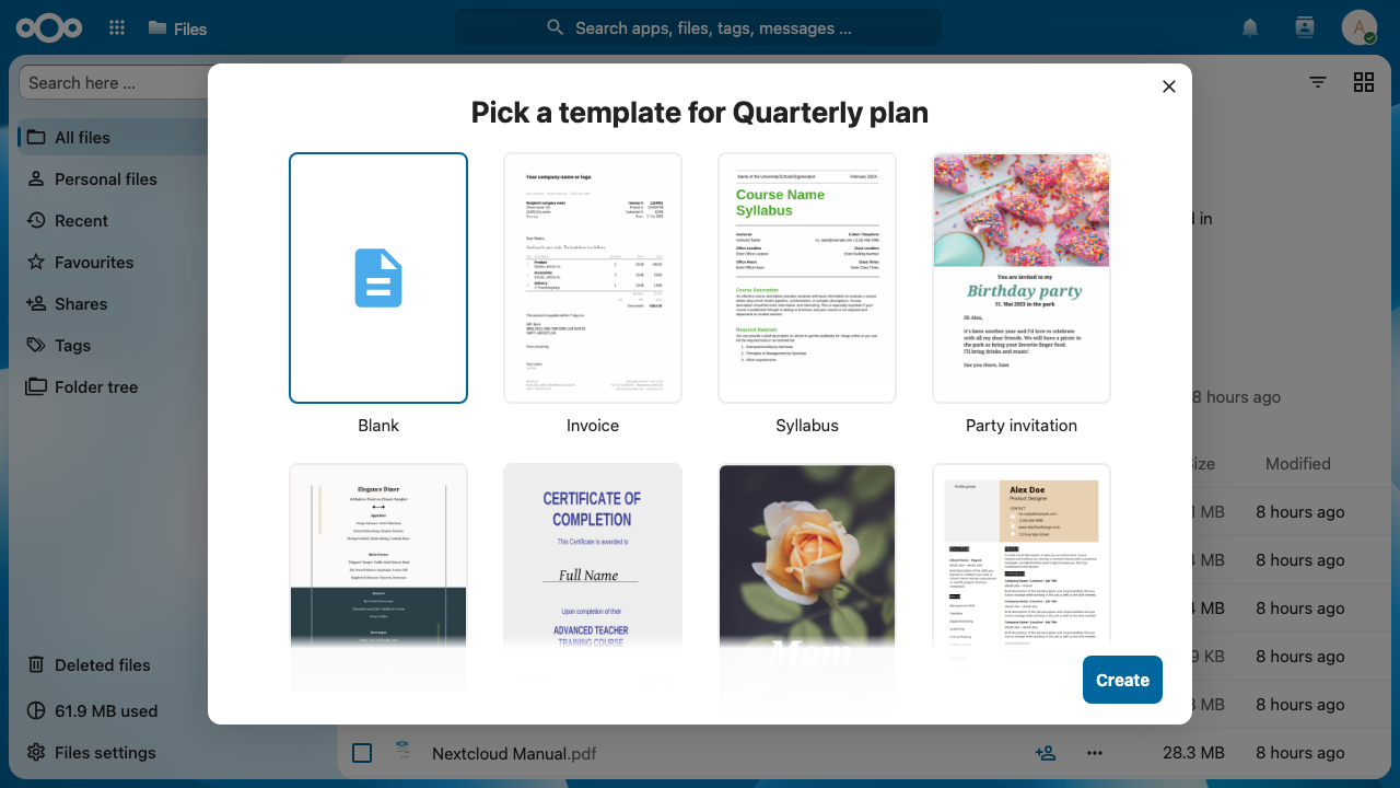 The Nextcloud Office template picker offered when creating a new document
