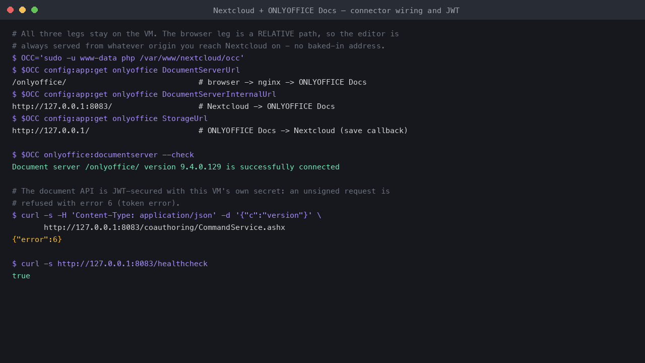 The three connector legs read back from occ, the connection check reporting the local document server connected, and an unsigned document API request refused with error 6