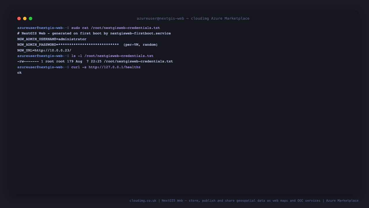 The per-VM administrator credentials generated at first boot, root-only at 0600, and the unauthenticated health endpoint returning ok