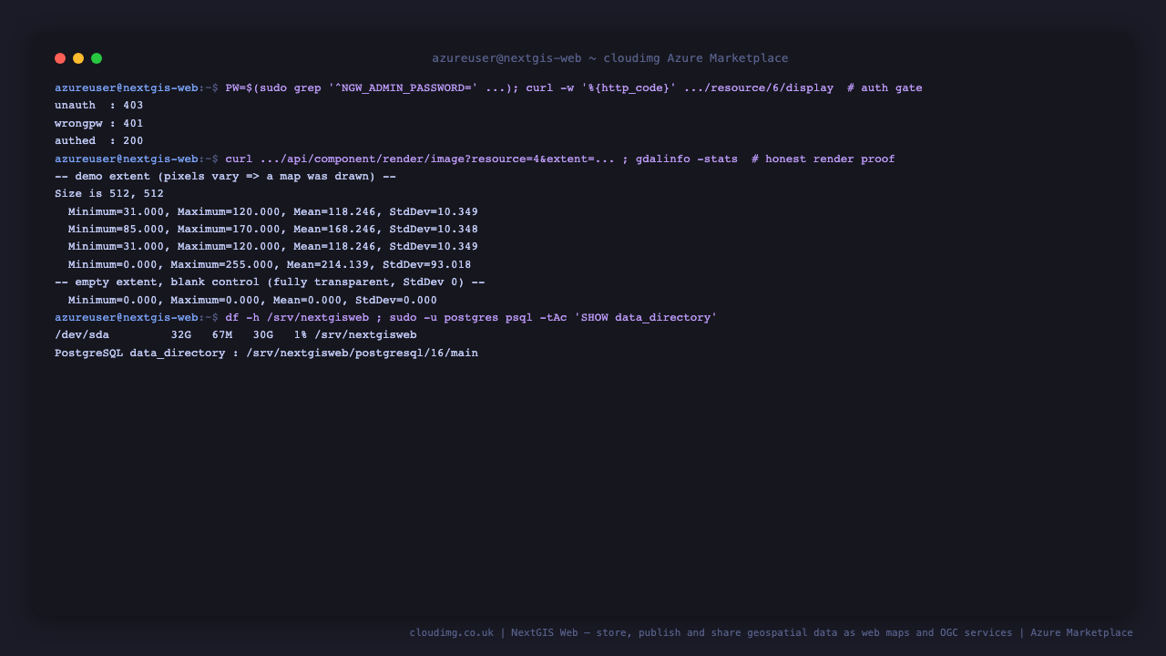The Basic Auth gate returning 403 unauthenticated, 401 for a wrong password and 200 with the per-VM password, the server-side render reporting non-zero per-band standard deviation, the empty-extent blank control at StdDev 0, and the dedicated data volume