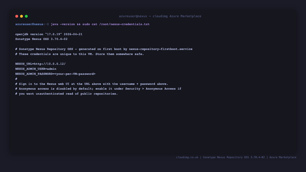 The credentials file showing OpenJDK 17, the Nexus OSS edition and the per-VM admin credentials