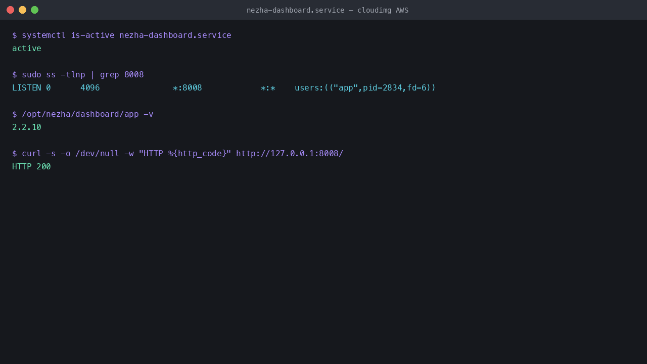 The nezha-dashboard service reported active, Nezha listening on port 8008 for both the dashboard UI and the agent gRPC channel, the installed dashboard version, and the web UI returning HTTP 200