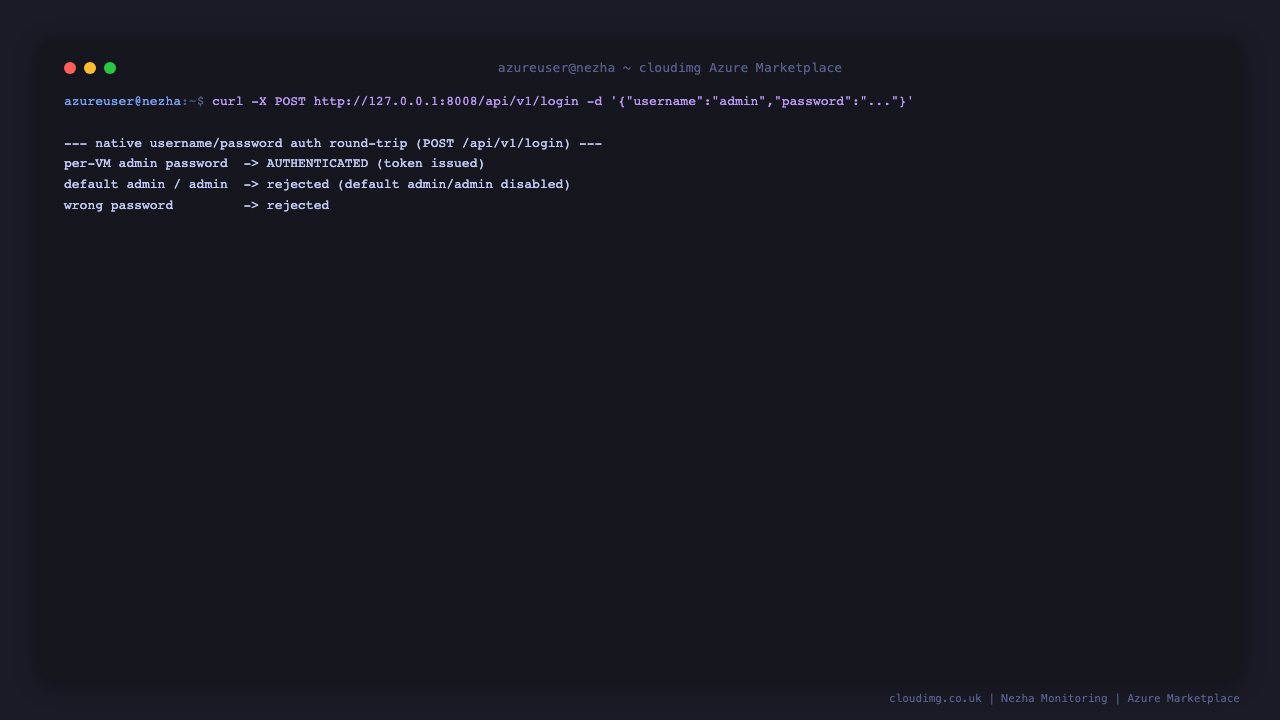 The native username and password login round-trip against POST /api/v1/login showing the per-VM admin password authenticated with a token issued, the default admin/admin login rejected because it is disabled, and a wrong password rejected