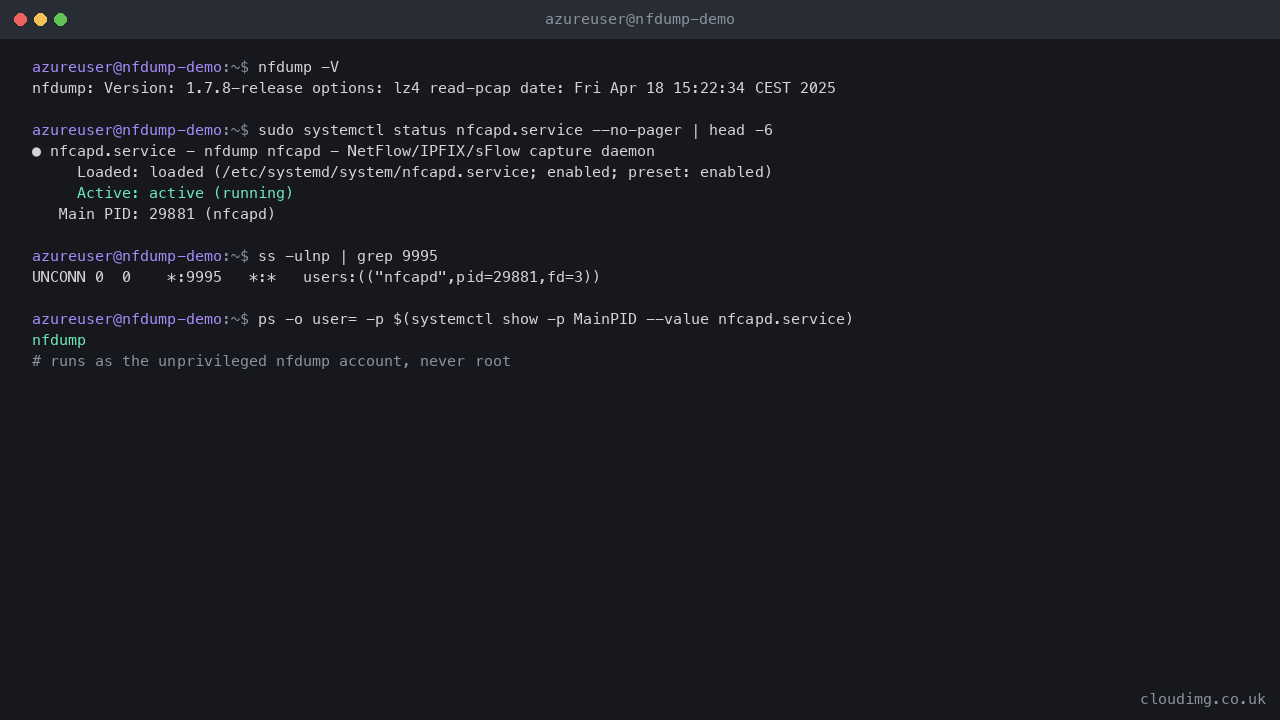 Terminal showing nfdump reporting version 1.7.8 with lz4 and read-pcap options, nfcapd.service active and running under the unprivileged nfdump account, and the collector listening on UDP port 9995