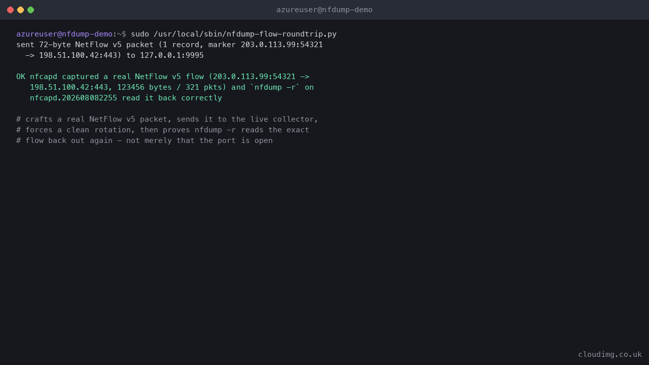 Terminal showing the crafted NetFlow v5 marker packet being sent to 127.0.0.1 port 9995, and the round trip script confirming the flow was captured by nfcapd and read back correctly by nfdump -r with the matching source and destination addresses and port