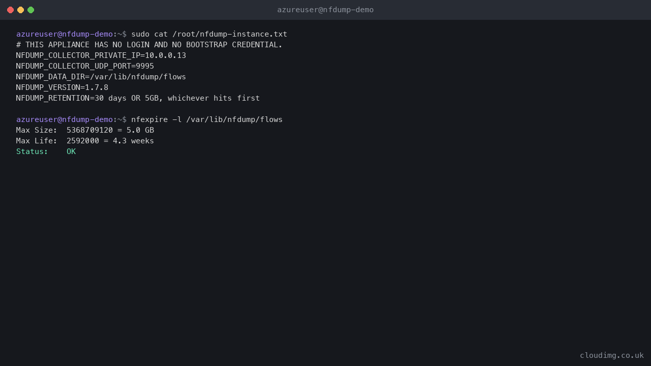 Terminal showing the per VM instance note listing the collector's private address, UDP port 9995, the data directory and the retention policy, followed by nfexpire reporting the current 30 day 5GB retention configuration and archive statistics