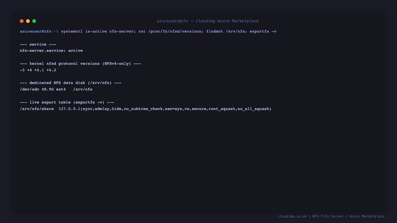 NFS File Server status: the nfs-server service is active, the kernel is serving NFSv4 only, the dedicated /srv/nfs data disk is mounted, and the live export table shows the loopback-only default export