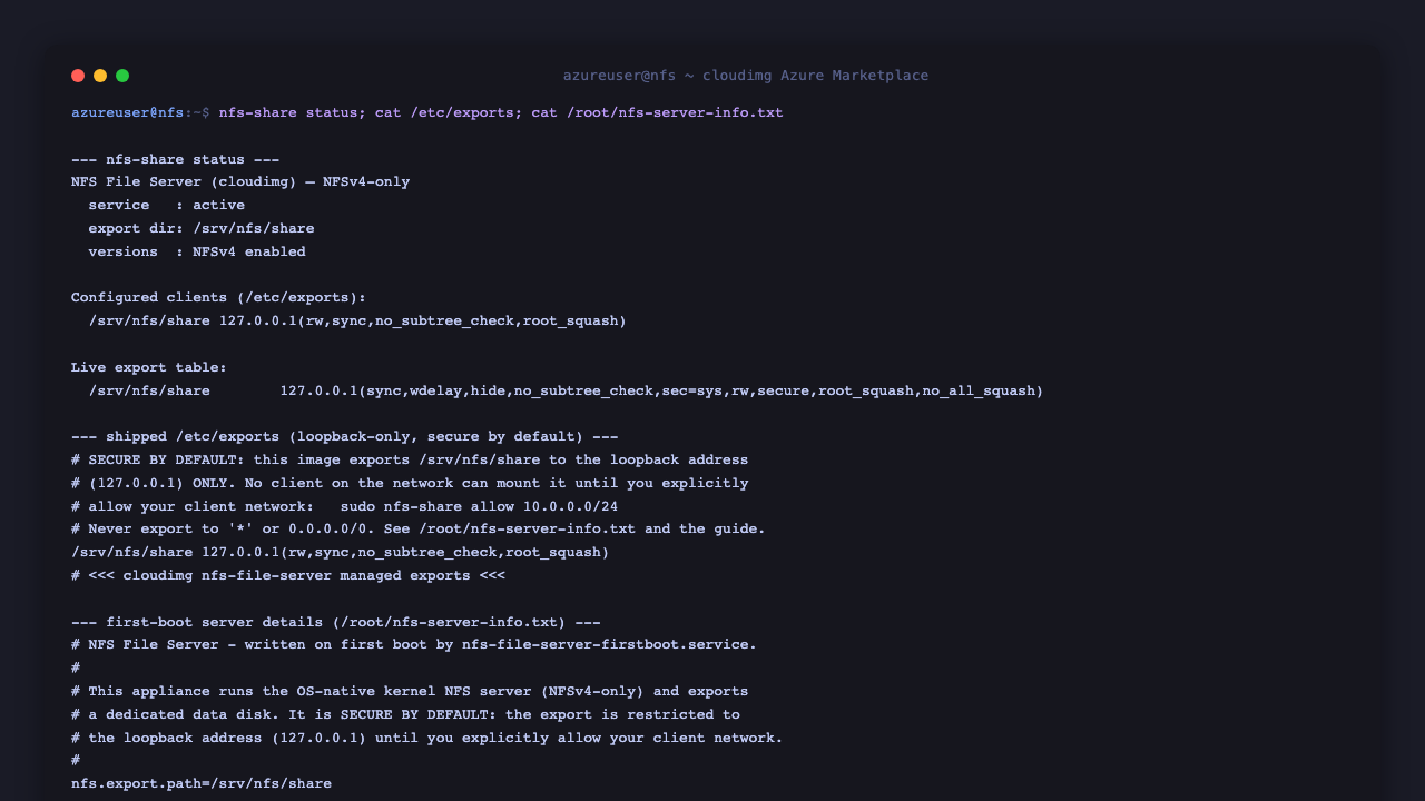 The nfs-share status view showing the NFSv4-only server, the configured clients, the live export table, the secure-by-default loopback-only /etc/exports, and the first-boot server information file