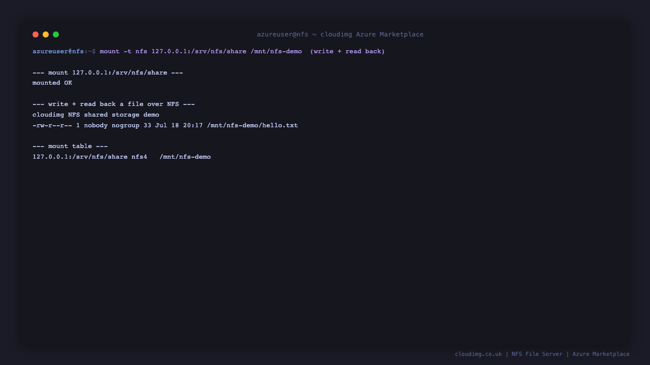 A loopback NFS mount round-trip on the server: mount 127.0.0.1:/srv/nfs/share, write a file, read it back, showing the data disk serving over NFSv4