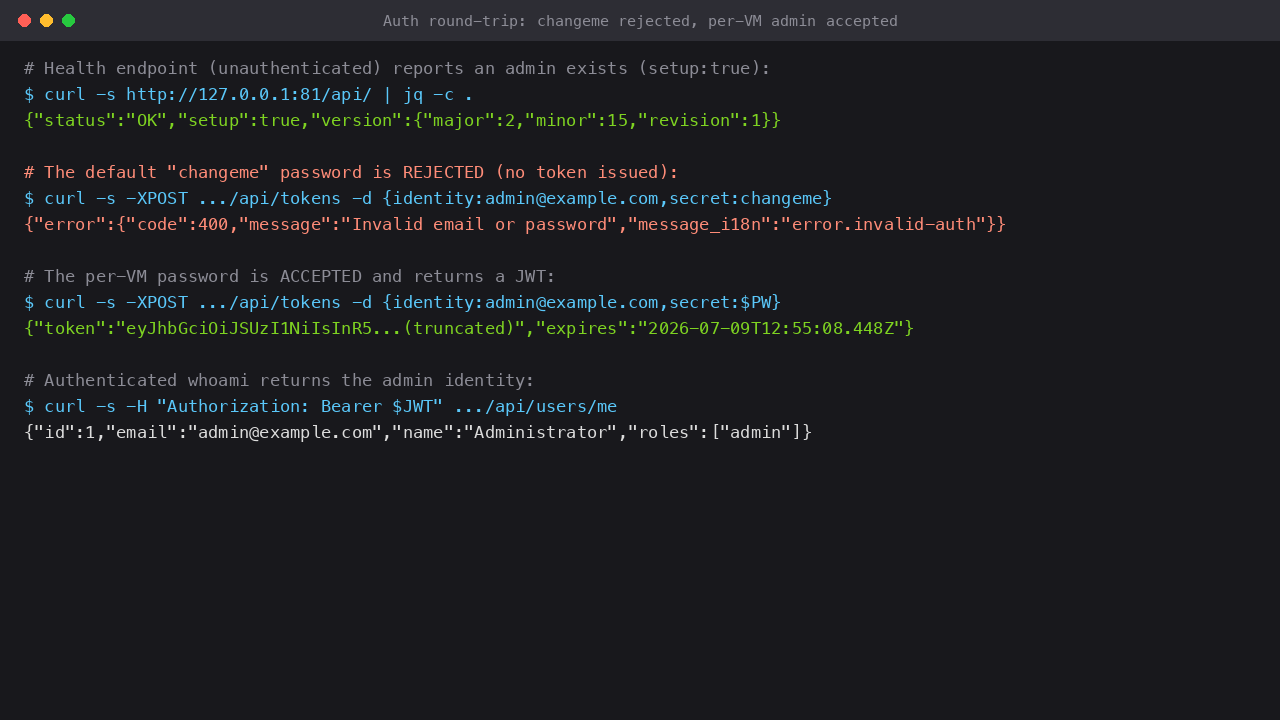 The health endpoint reporting setup true, the default changeme password rejected, the per-VM password accepted with a JWT, and the authenticated admin identity