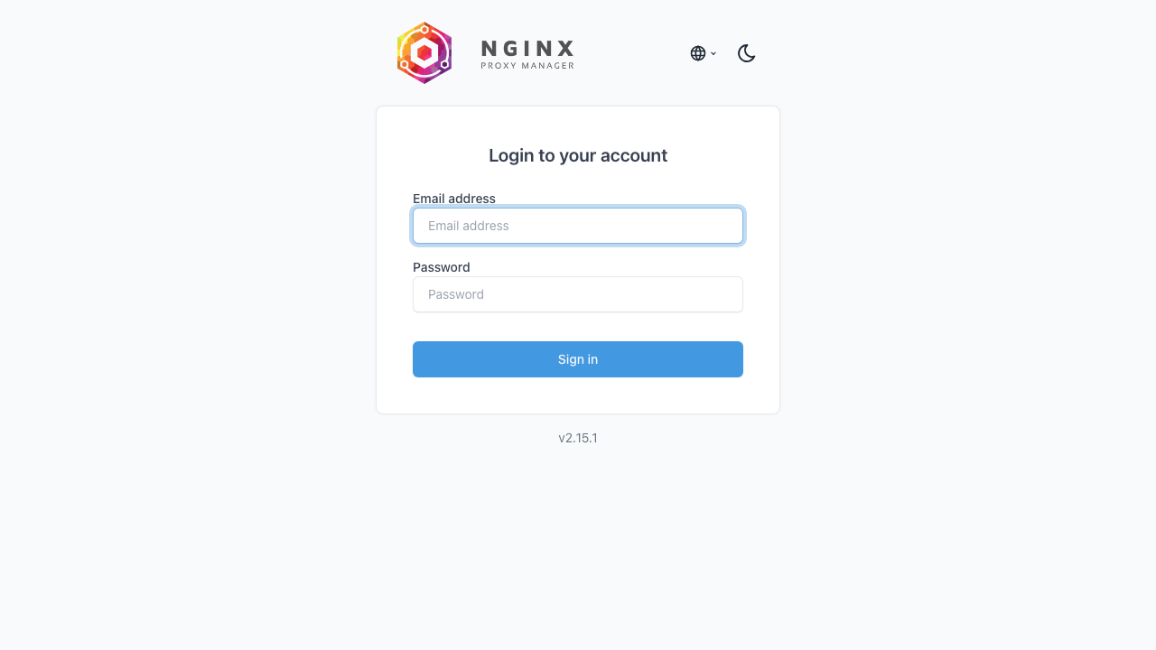 The Nginx Proxy Manager login page in the browser