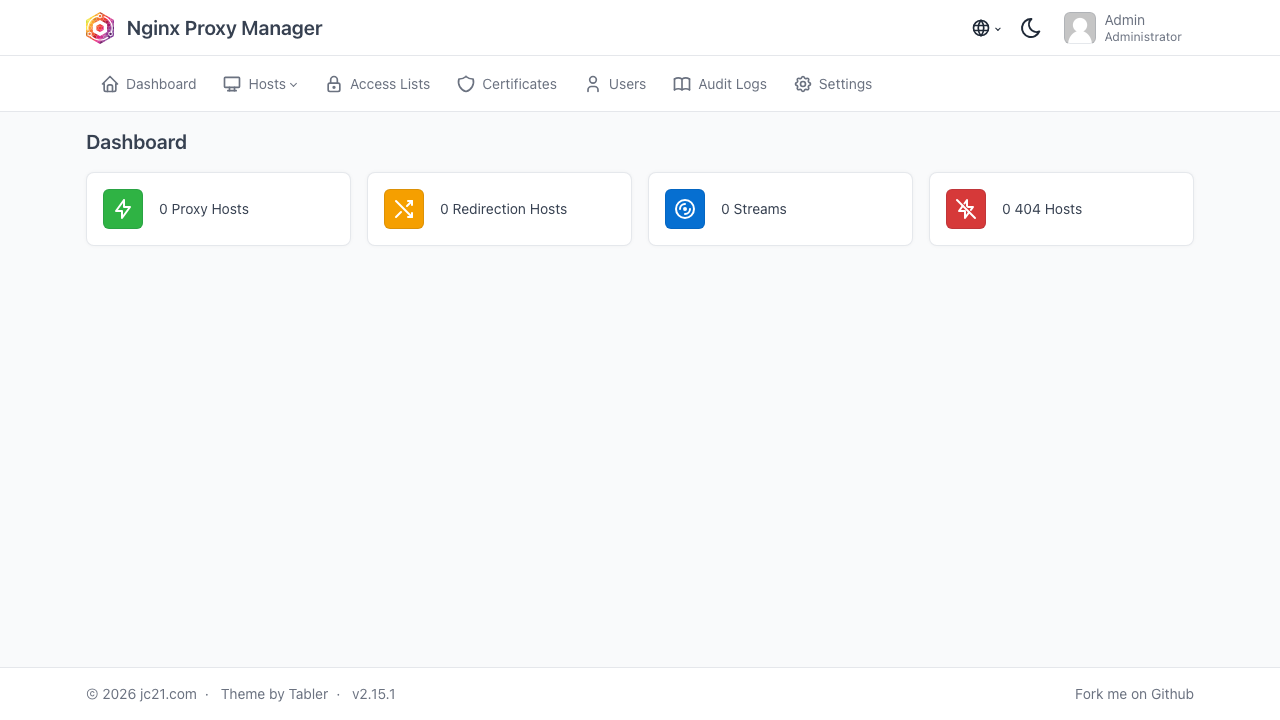 The Nginx Proxy Manager dashboard showing the Proxy Hosts, Redirection Hosts, Streams and 404 Hosts tiles and the top navigation