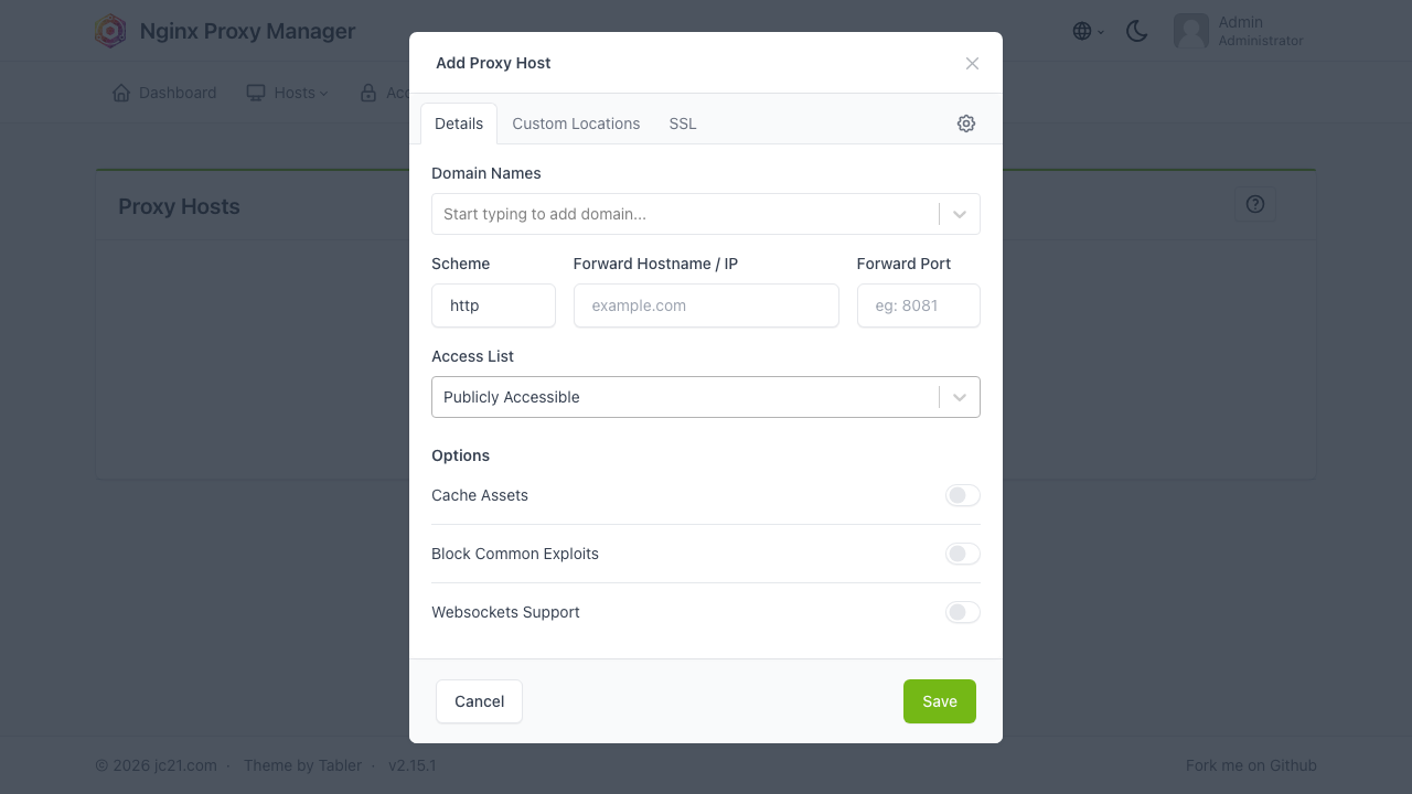 The Add Proxy Host dialog with Domain Names, forward scheme, hostname, port, access list and options, and the Details, Custom Locations and SSL tabs