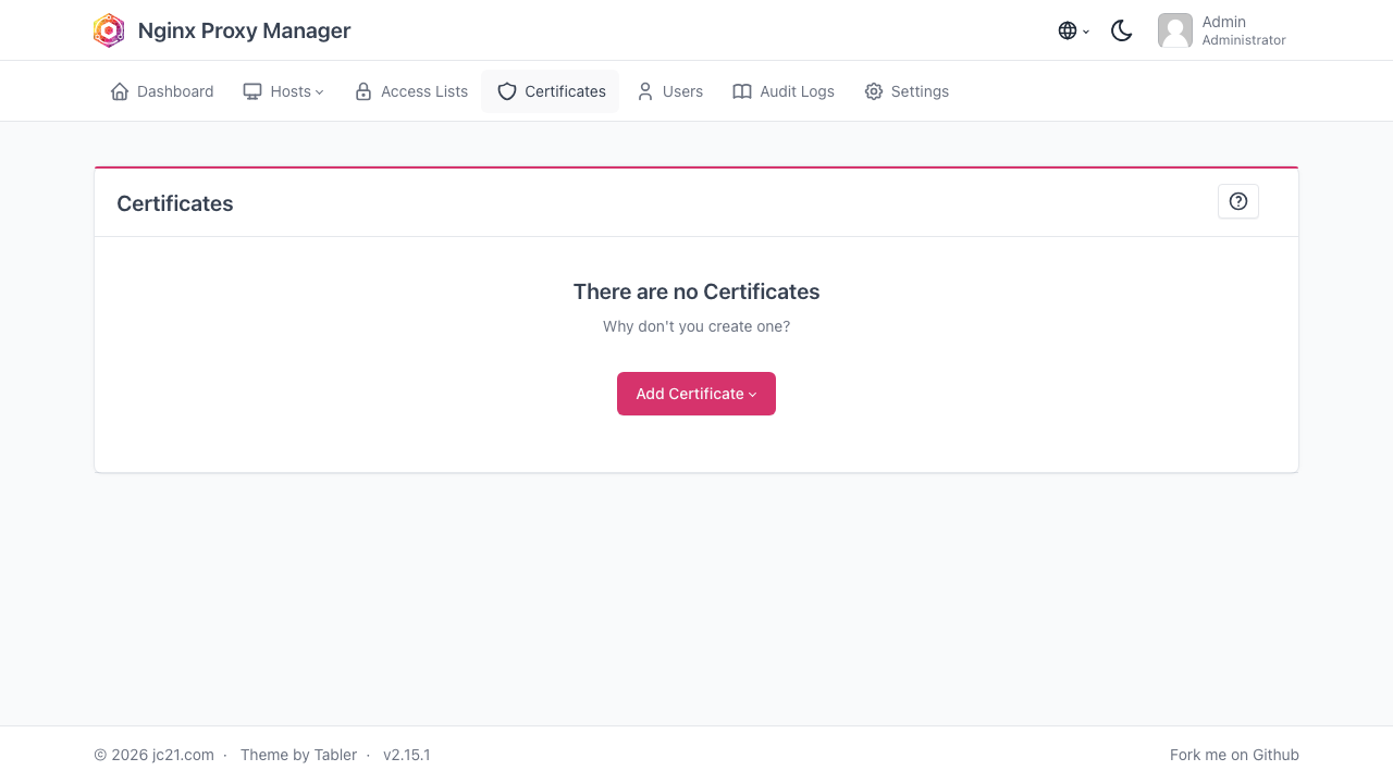 The Certificates page where Let's Encrypt certificates are requested and managed