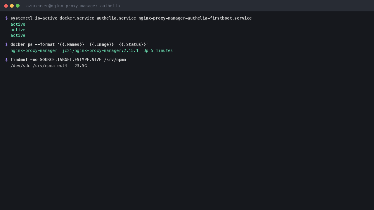 docker.service, authelia.service and the first-boot service reporting active, the pinned Nginx Proxy Manager container running, and the dedicated data disk mounted at /srv/npma