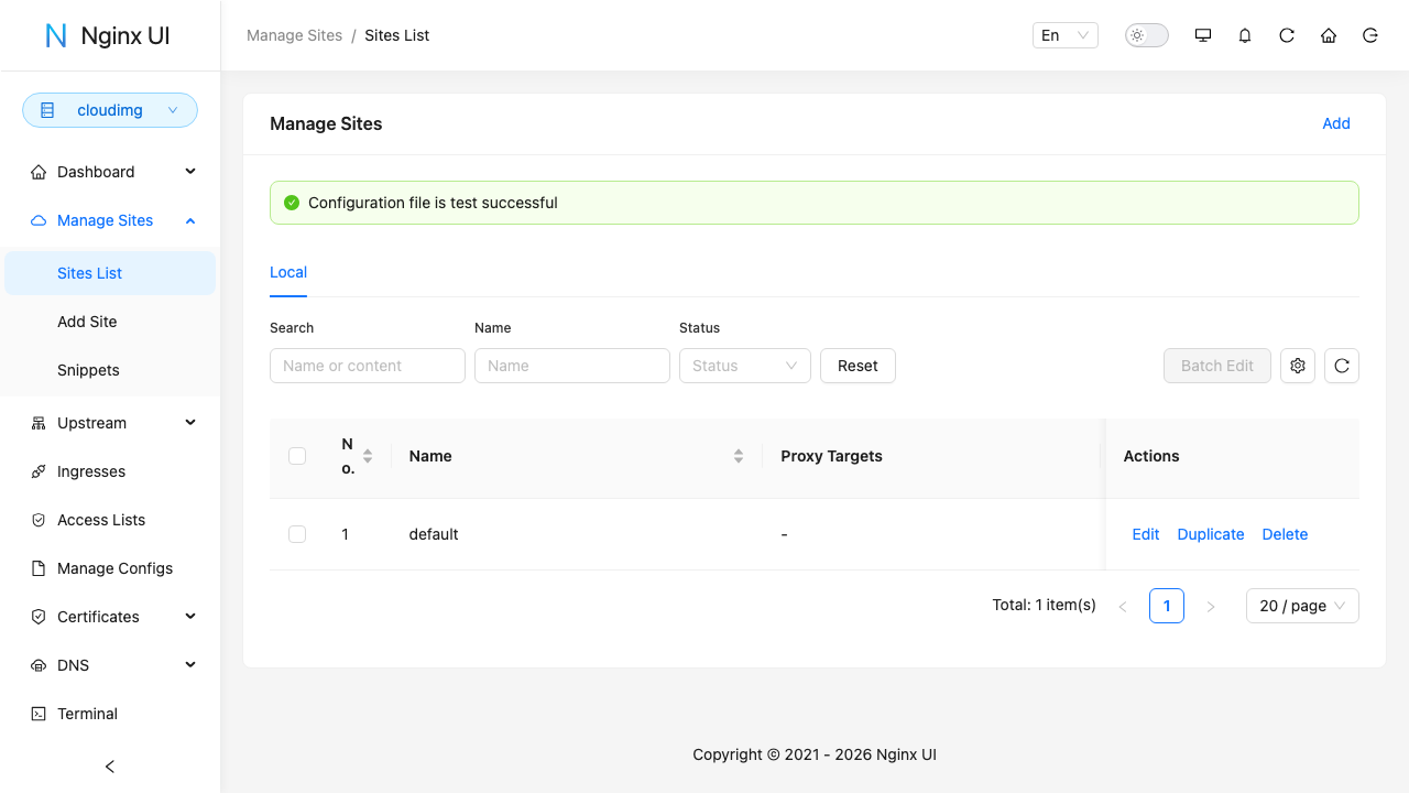 The Manage Sites page listing the disabled default site