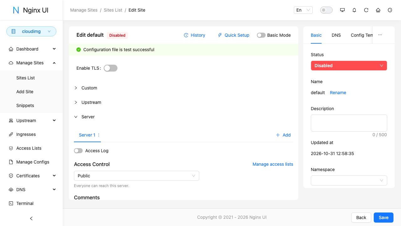 The site editor showing the stock default site with its configuration