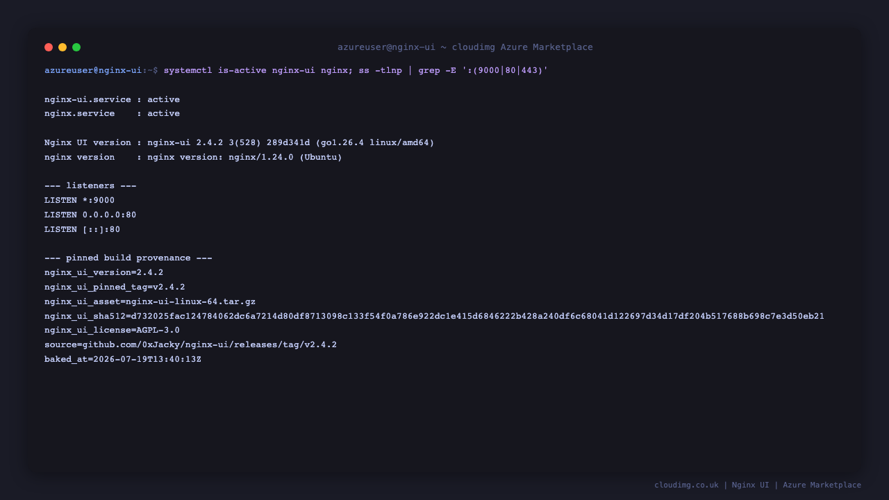 Both the nginx-ui and nginx services report active, Nginx UI 2.4.2 and nginx 1.24.0 are installed, the listeners show port 9000 for the management interface and port 80 for nginx, and the pinned build provenance records the upstream release tag and its verified SHA-512 digest