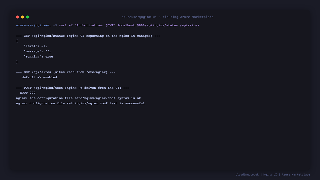 Nginx UI reporting on the nginx it manages: the API returns running true for nginx status, lists the default site read from /etc/nginx, and returns HTTP 200 for a configuration test, matching the nginx -t syntax is ok and test is successful output on the server