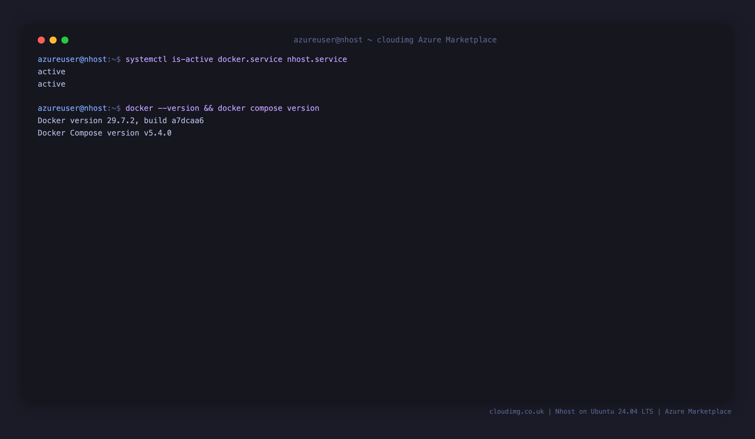 Docker and Nhost systemd services reporting active with the Docker and Compose versions