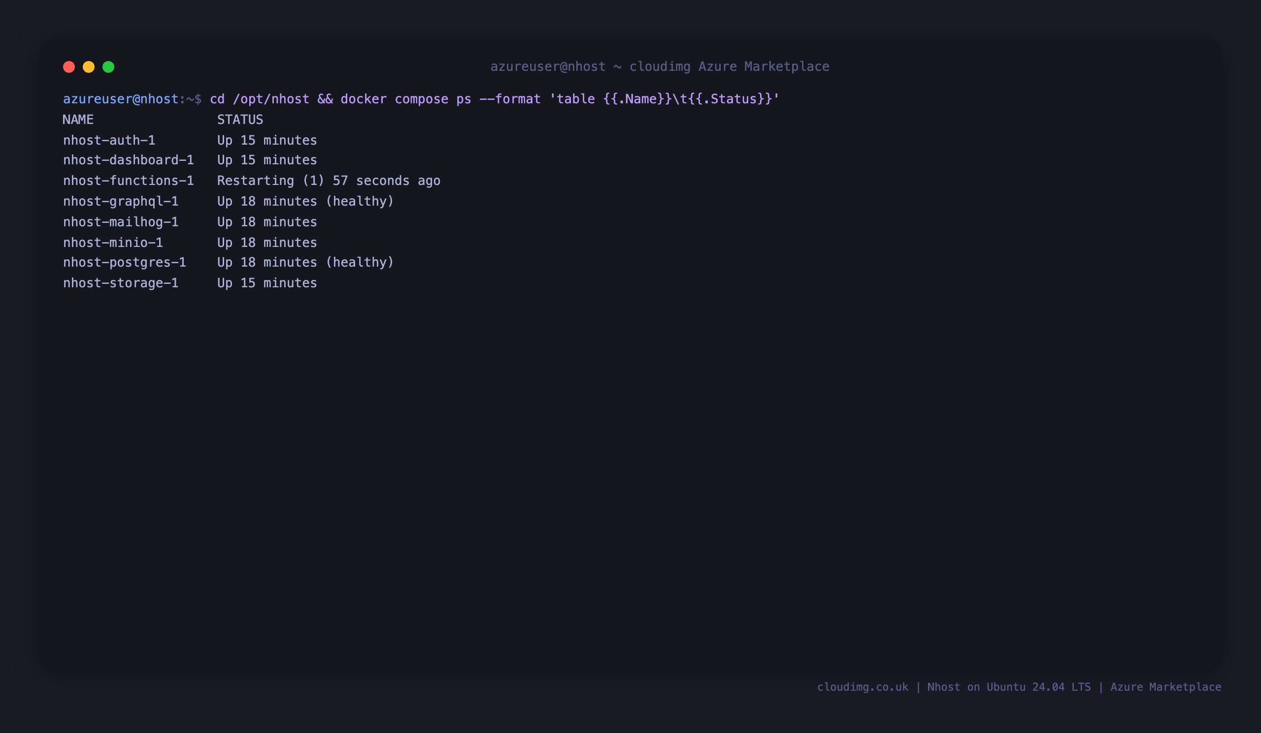 The Nhost Docker Compose containers running