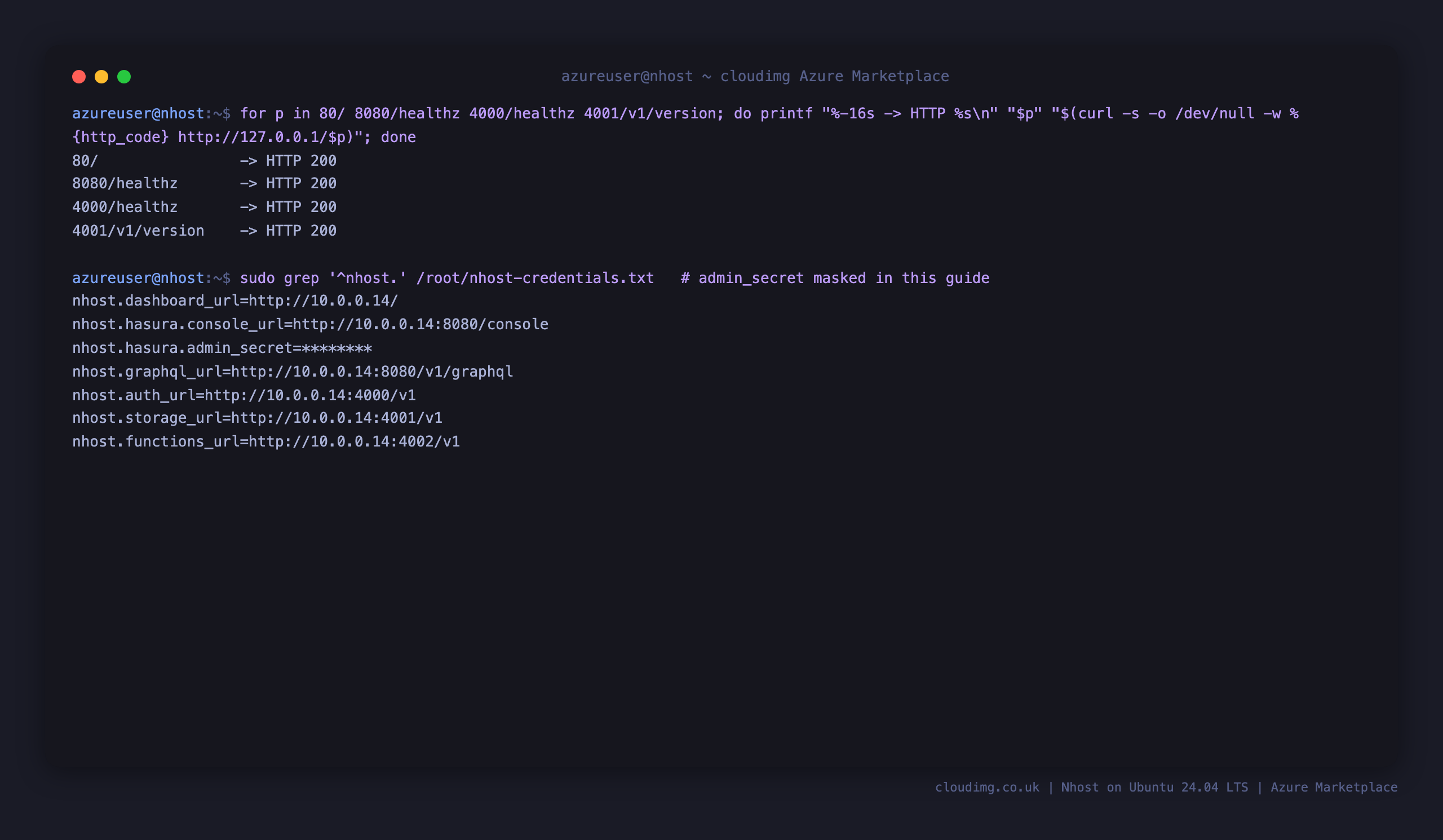 The Nhost endpoints answering and the per VM credentials file with the admin secret masked