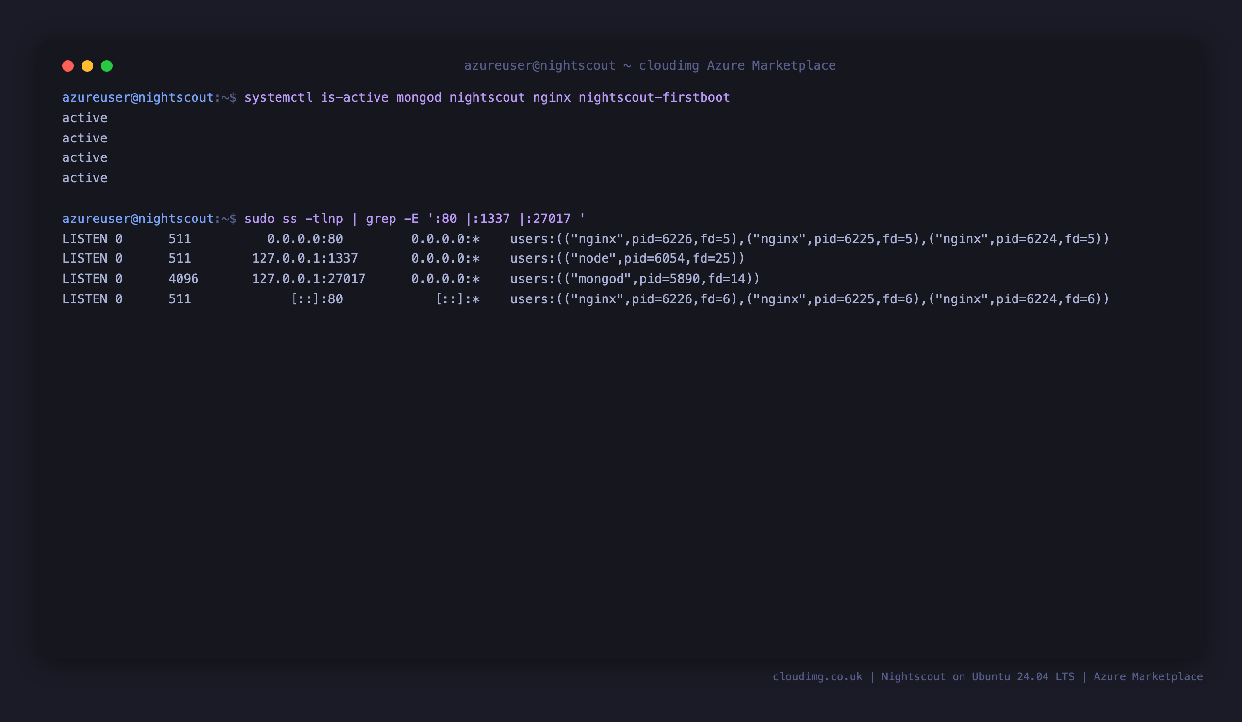 mongod, nightscout, nginx and nightscout-firstboot active, with nginx on :80, Nightscout on 127.0.0.1:1337 and MongoDB on 127.0.0.1:27017