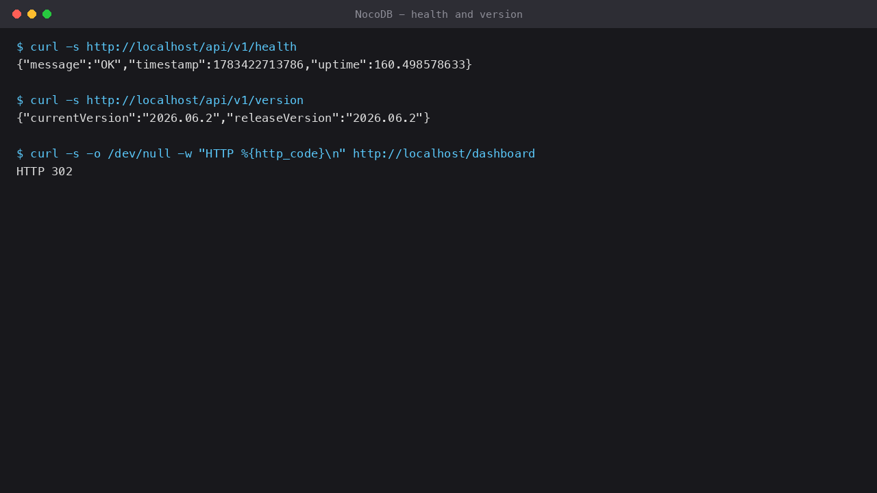 The NocoDB health endpoint returning ok through nginx on port 80