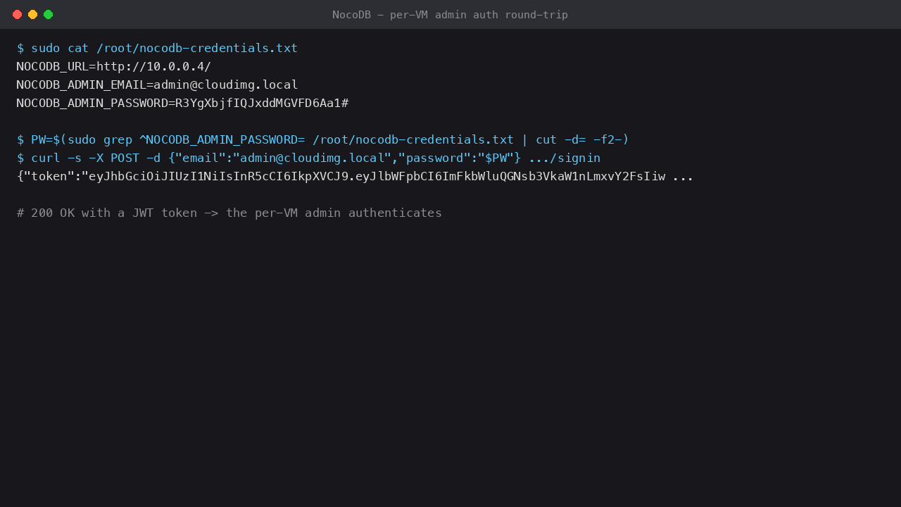 Retrieving the per-VM admin password and authenticating against the NocoDB sign-in API